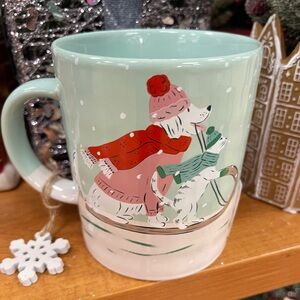 Christmas Dog and Cat Sledding Pastel Holiday Ceramic Coffee Mug NWT